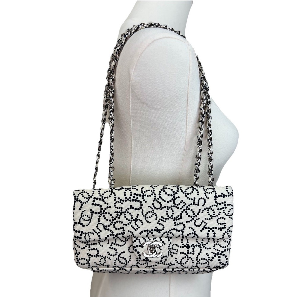 Chanel Classic Flap Bag White Canvas Black CC Dot Print 2005 By Karl Lagerfeld